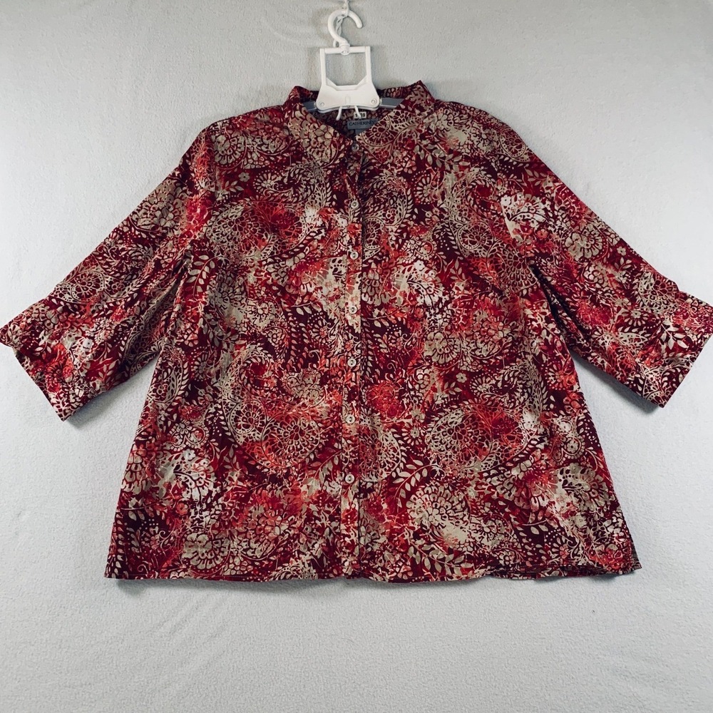 Catherines Women's Button Up 3/4 Sleeve Top Shirt Floral Red Plus Size 2X 22/24W